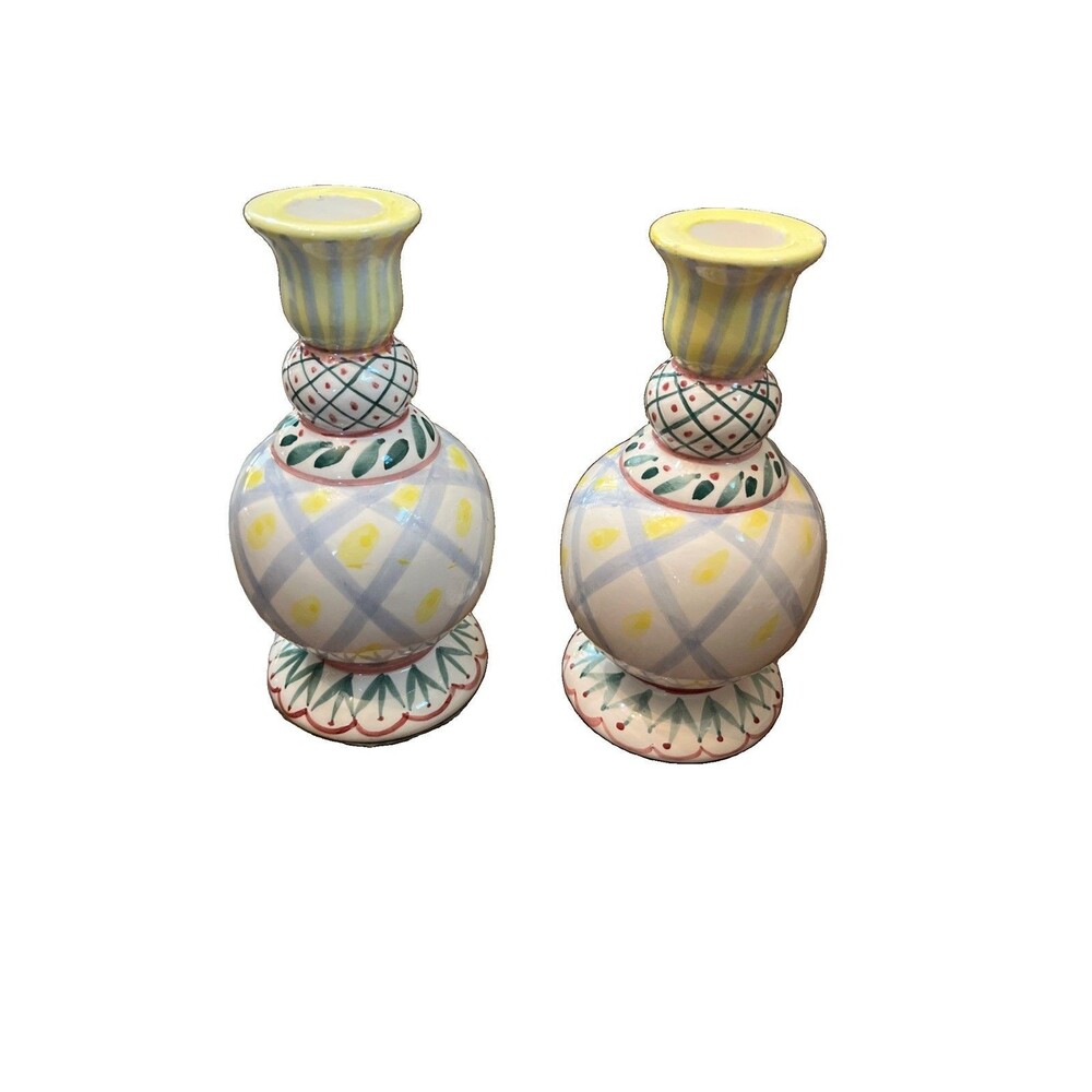 Mackenzie Childs Vintage 80s Candlestick Holders Set  2 Bottle Shape 7.5 In USA